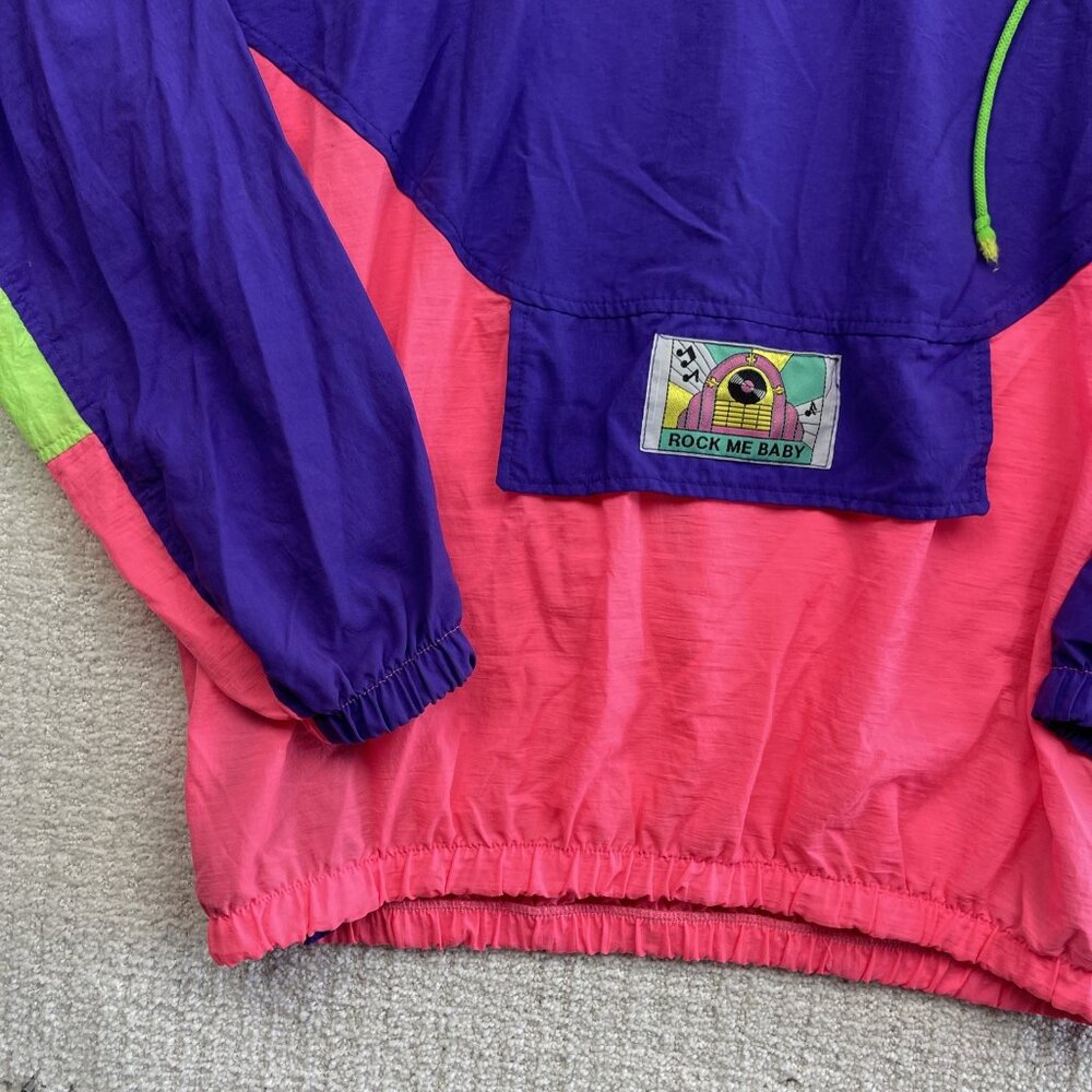 VTG "Rock me Baby" Patch Windbreaker Jacket Sz L Colorblock 90 Neon Bright Retro - Picture 6 of 16
